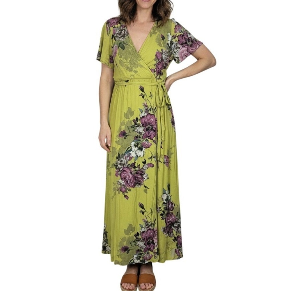 ILLA ILLA  Floral Yellow Women Maxi Dress Short Sleeve V-Neck D1460T‎ Size L